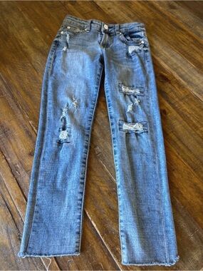 7 For All Mankind Distressed Light Blue Straight Jeans